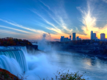 Niagara Falls - nature, spray, sky, river, house, sunset, waterfall