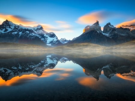 The Andes Mountains,South America - patagonia, clouds, nature, chile, mist, lake, mountains, reflection