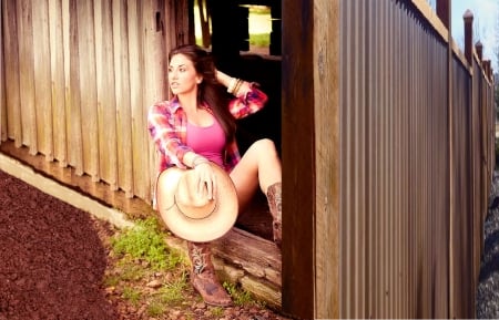 Cowgirl Rest.. - style, girls, western, women, models, hats, ranch, outdoors, brunettes, cowgirl, fun, female, barn, boots, fashion