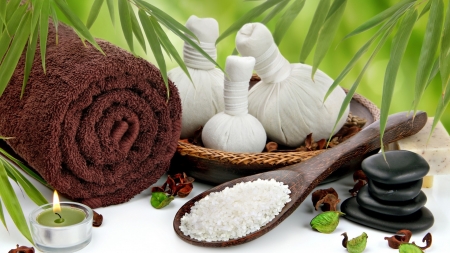 Still Life with Spa - leaves, salt, towel, stones