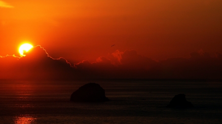 Orange Sky - island, clouds, sea, sunset