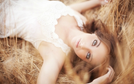 Beauty In The Hay - Cowgirl, dress, hay, brunette