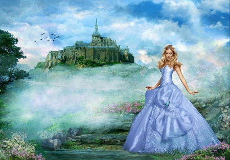 Hello butterfly - butterfly, blue, castle, dress