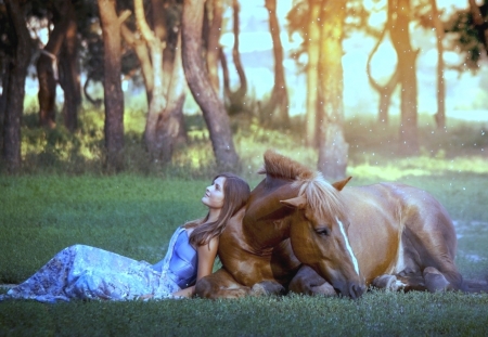 Together with the rest - girl, together, nature, horse