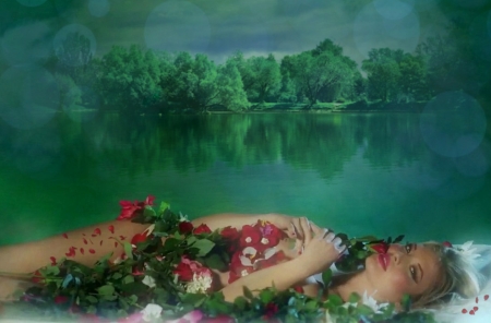 ❥ - roses, lake, woman, green