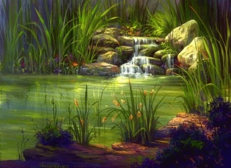 Quiet Moments - attractions in dreams, summer, waterfalls, nature, love four seasons, green, stones, flowers, paintings, pond, garden