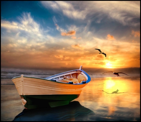 Lonesome Beach, California - clouds, sunset, seagull, boat, evening, sun, sky