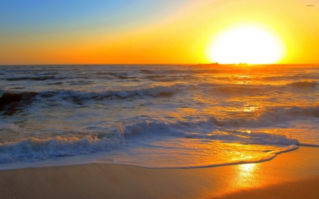 Golden Sunset, California - beach, waves, ocean, sun, sky