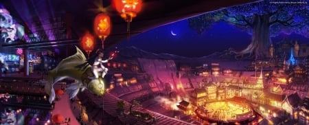 Night in the city - moon, anime, people, blue, girl, night, light, orange, lantern, manga, mugon, fire, fish, luna