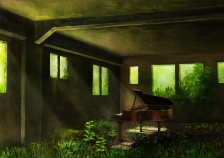 Music of silence - piano, anime, realistic, yoreyore, room, interior, manga, instrument, green, luminos