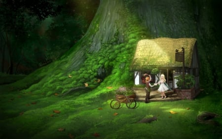 Good-bye little fairy! - house, anime, realistic, yellow, girl, boy, manga, mugon, green, fairy, cute, couple, luminos