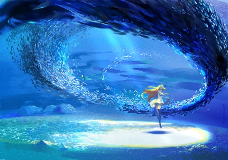 The calling - mugon, girl, summer, fantasy, underwater, white, art, blue, luminos, fish, anime, manga