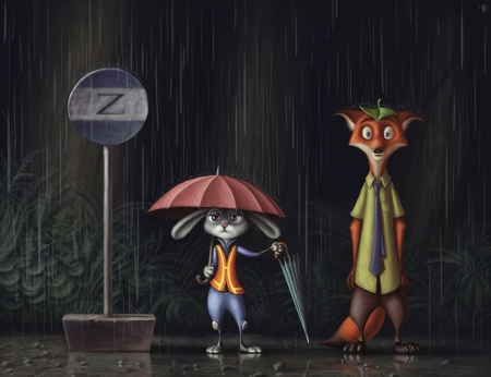 Zootopia (2016) - rabbit, nick, fox, zootopia, bunny, orange, street, black, fantasy, umbrella, red, judy, rain, movie, disney, art