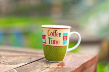 Coffee time - green, wood, card, coffee time, cup