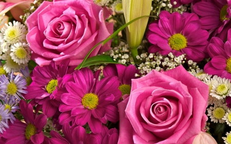 Pink bouquet - roses, bouquet, lovely, pretty, gerbera, beautiful, pink, petals, leaves, flowers