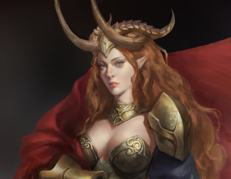 Demoness - fantasy, woman, red, girl, art, demon, horns