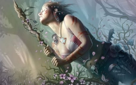 Calling the forest spirits - sorceress, fantasy, woman, girl, flower, art, luminos