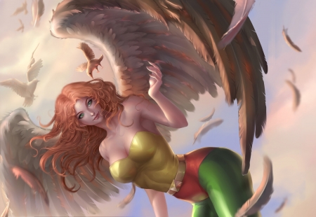 Hawkgirl - hawkgirl, girl, wings, fantasy, art, yellow, green, feather, dc comics, marvel