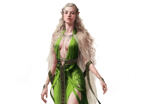 Elf princess - white, fantasy, beauty, elf princess, game, blonde, luminos, green