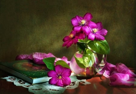 Still Life - flowers, vase, purple, book, table, still life