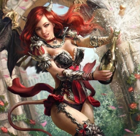 Celebration - pretty, female, dress, champange, succubus, red hair, red, garden, fantasy woman, art, abstract, brazaletts, bottle, beautiful, beauty, lovely, fantasy, lady, woman, wings, demon