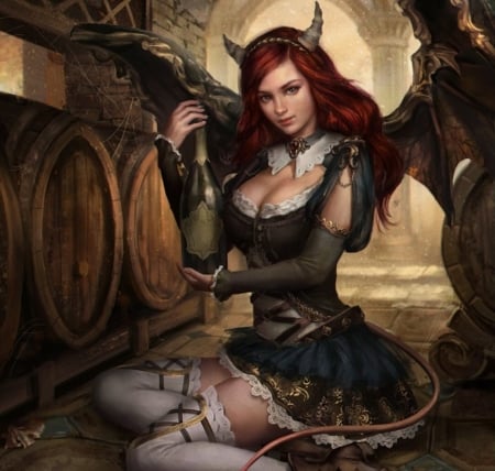 Ginger Succubus - female, dress, tail, long hair, horns, succubus, red hair, wine, fantasy woman, abstract, beautiful, barrels, black, fantasy, lady, woman, wings, demon