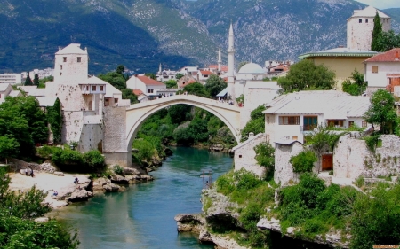 mostar bosnia - house, river, bosnia, tree, bridge, mostar