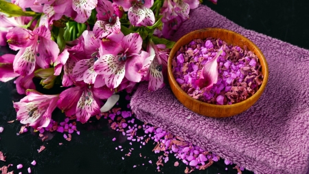 Still Life - flowers, salt, purple, towel