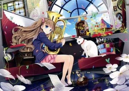 Practicing - anime, girl, natsume eri, cat, manga, pisica, white, animal, trombone