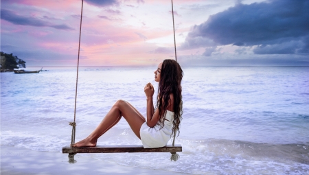 Peaceful Day - swing, sea, woman, model