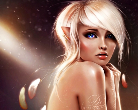 Elf beauty - girl, blonde, beauty, petals, eva lagnim, elf, fantasy, blue eye, woman, face, luminos