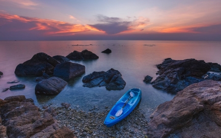 sunset - nature, fun, lake, cool, sunset, boat