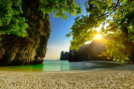 Sunset at Hong bay - branches, sands, rays, ocean, beach, trees, summer, shore, sunset, bay, rocks, exotic, glow, beautiful, sea