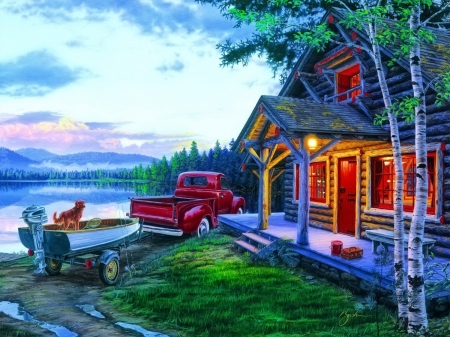 Cabin fever - cottage, lake, fishing, peaceful, picnic, summer, serenity, painting, art, beautiful, dog, fever, cabin