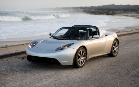 tesla roadster - tesla, ocean, car, roadster