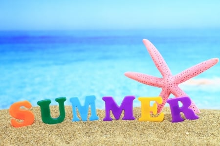 Happy summer! - yellow, summer, blue, beach, sea, pink, orange, starfish, purple, green, word, card