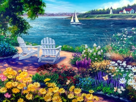 Garden by the bay - summer, beautiful, spring, rest, chair, flowers, view, painting, garden, sailing boats, lake, art, bay