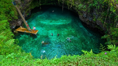 Cave Collapse Island of Upolu, Samoa - plants, ladder, water, people