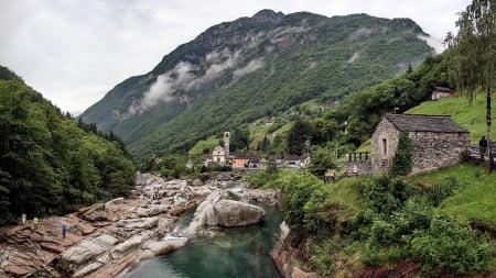 village along a mountain stream - stream, rocks, people, village, mountain