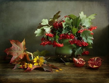 Still Life - maple, berries, vase, fruits, autumn