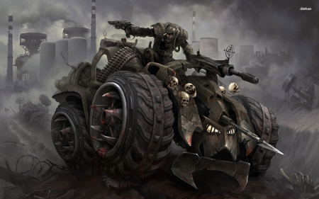 soldier with his death machine - soldier, gun, death, skull, machine