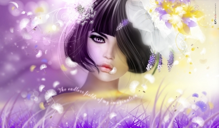 The endless fields of my imagination - yellow, lavender, summer, girl, beauty, dandelion, pink, fantasy, purple, er, rendering, face, brunette, luminos