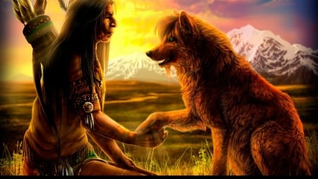 indian chief and wolf - indian, chief, wolf, grass