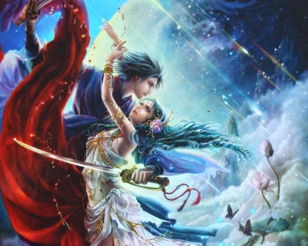 Fantasy couple - blue, girl, man, fantasy, red, woman, couple, luminos, lovers