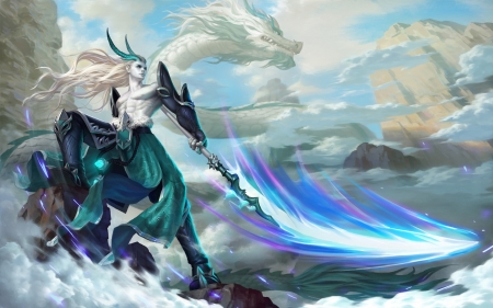 Dragon master - game, blue, magical, master, fantasy, white, dragon, green, cloud, art, luminos