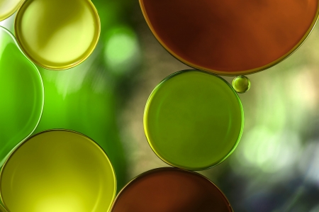 Oil bubbles in water - bubble, water, green, orange, oil, luminos, glass