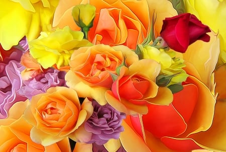 Roses - yellow, pink, orange, pictura, red, painting, rose, art, luminos