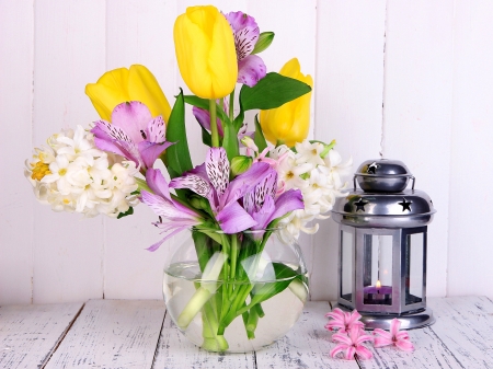 Still life - candle, fragrance, tulips, bouquet, lovely, still life, vase, flame, pretty, lantern, scent, flowers, hyacinth