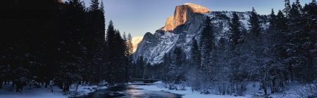 Half Dome Panorama  - wide screen, california, winter, national park, yosemite, landscape, beautiful, photo, usa, scenery, photography, nature, snow