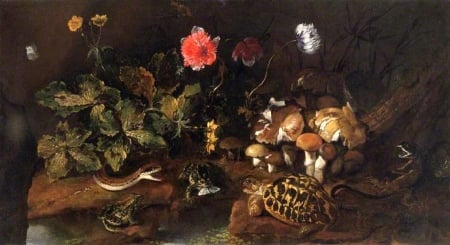 'Flowers and reptiles'..... - flowers, still life, painting, reptiles